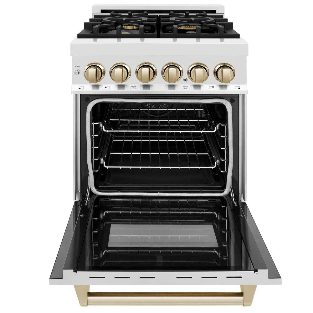ZLINE Autograph Edition Legacy 24-inch range in stainless steel and polished gold accents RAZ-24-G, front view