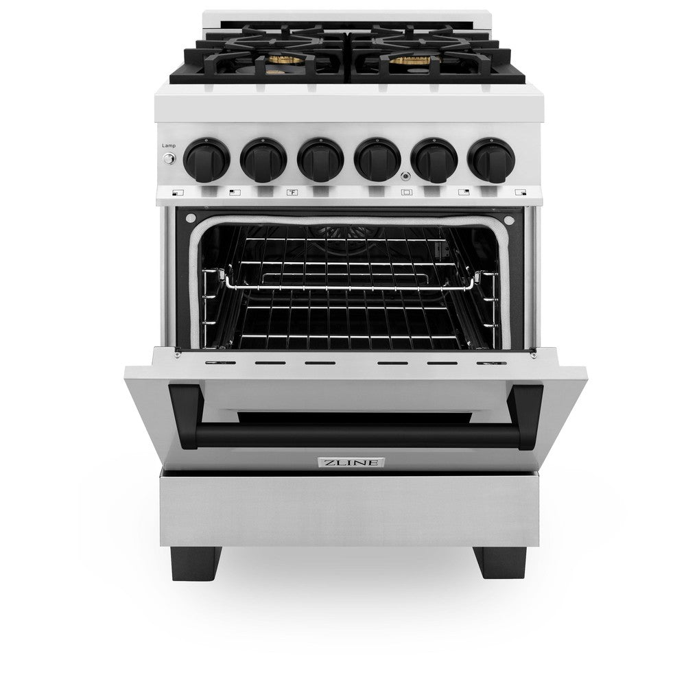 ZLINE Autograph Edition Legacy 24-inch range in stainless steel and matte black accents RAZ-24-MB, front view