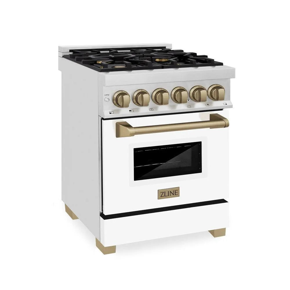 ZLINE Autograph Edition Legacy 24-inch range in stainless steel with white matte door and champagne bronze accents RAZ-WM-24-CB