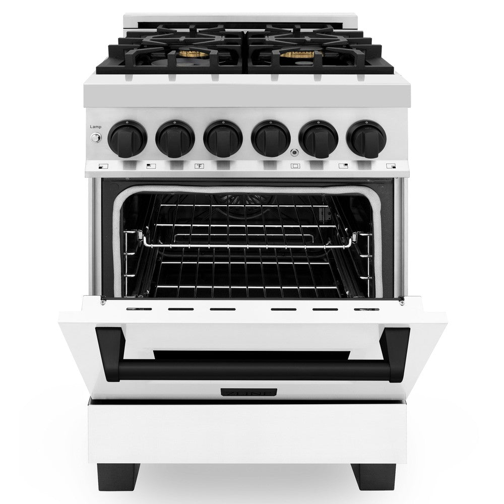 ZLINE Autograph Edition Legacy 24-inch range in stainless steel with white matte door and matte black accents RAZ-WM-24-MB, front view