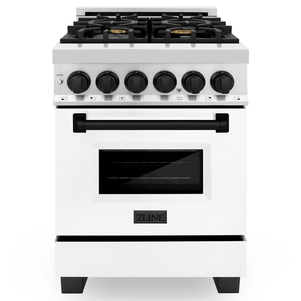 ZLINE Autograph Edition Legacy 24-inch range in stainless steel with white matte door and matte black accents RAZ-WM-24-MB, front view