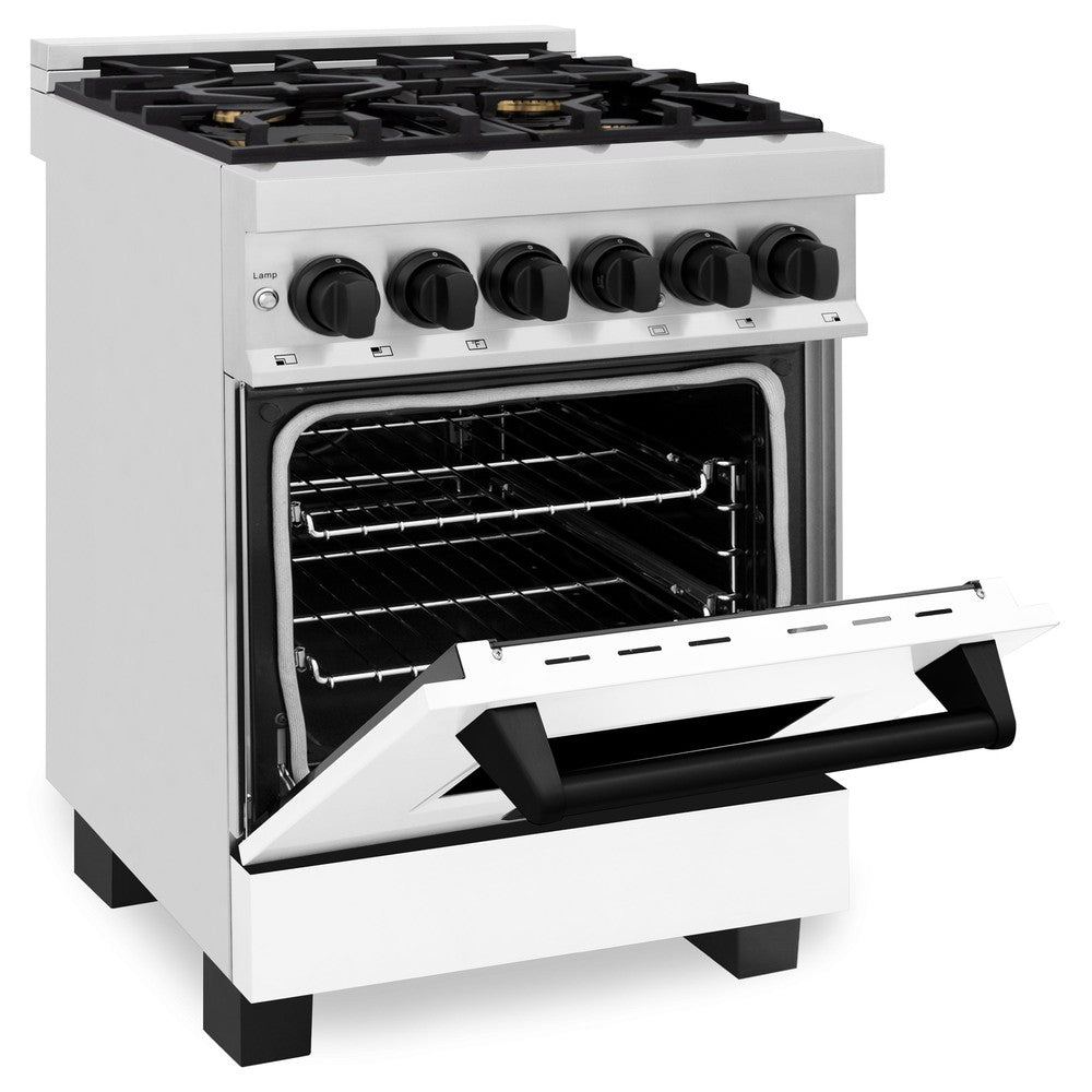 ZLINE Autograph Edition Legacy 24-inch range in stainless steel with white matte door and matte black accents RAZ-WM-24-MB, door open