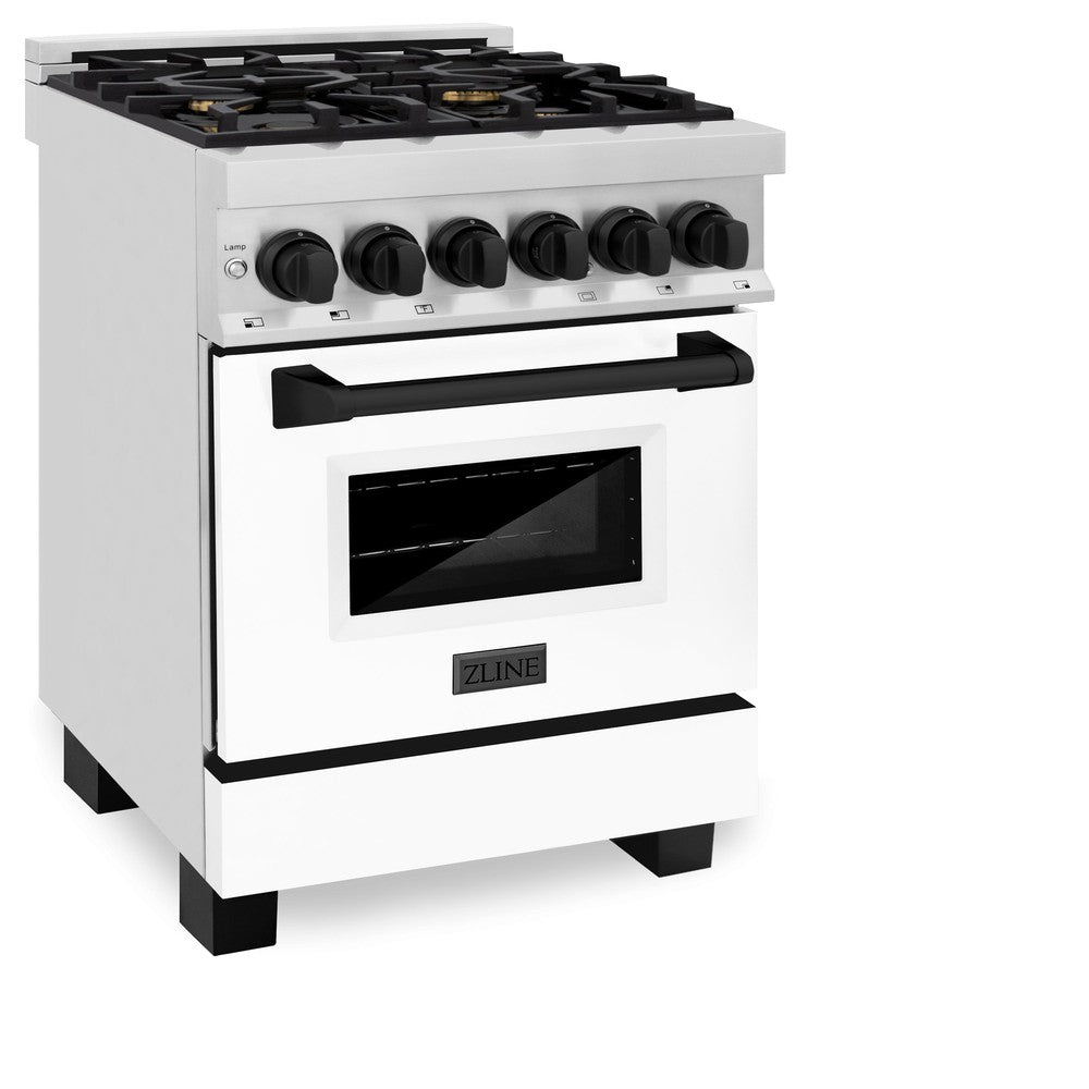 ZLINE Autograph Edition Legacy 24-inch range in stainless steel with white matte door and matte black accents RAZ-WM-24-MB, side view