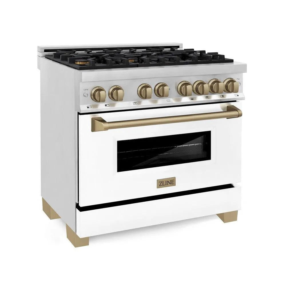 ZLINE Autograph Edition Legacy 36-inch range in stainless steel with white matte door and champagne bronze accents RAZ-WM-36-CB