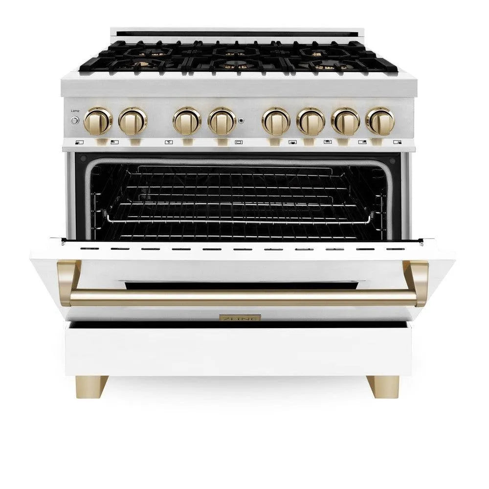 ZLINE Autograph Edition Legacy 36-inch range in stainless steel with white matte door and polished gold accents RAZ-WM-36-G, front view