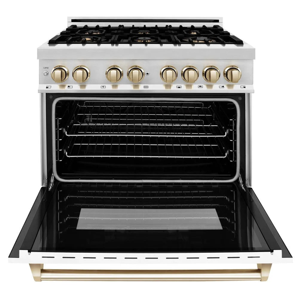ZLINE Autograph Edition Legacy 36-inch range in stainless steel with white matte door and polished gold accents RAZ-WM-36-G, front view