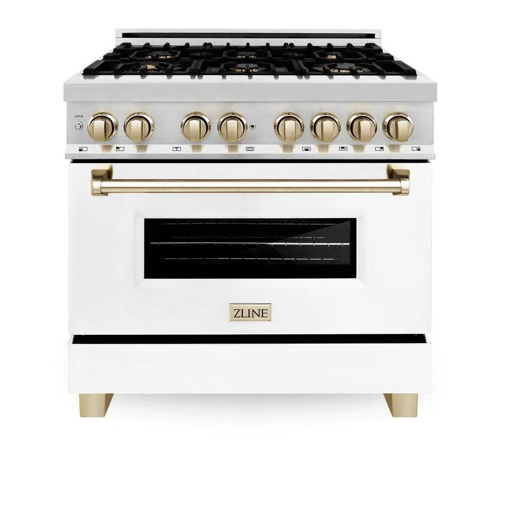 ZLINE Autograph Edition Legacy 36-inch range in stainless steel with white matte door and polished gold accents RAZ-WM-36-G, front view