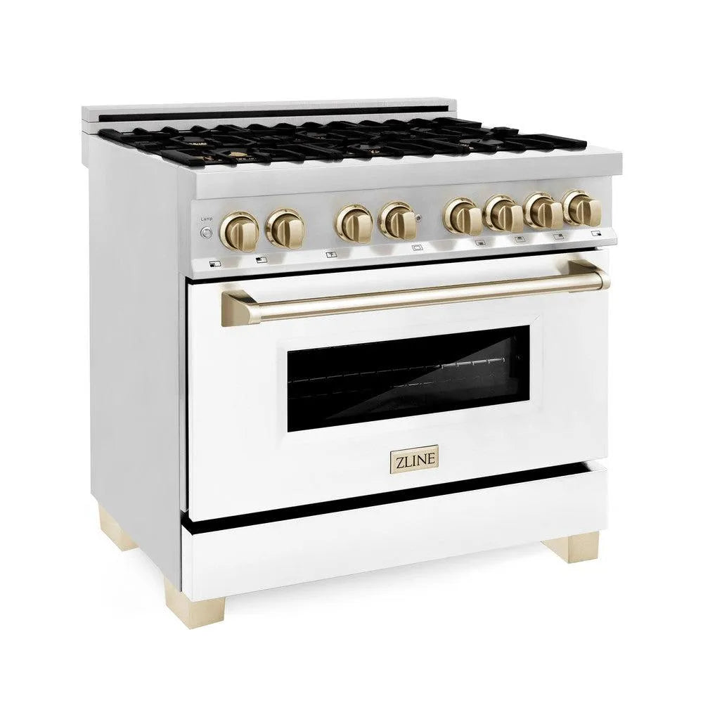 ZLINE Autograph Edition Legacy 36-inch range in stainless steel with white matte door and polished gold accents RAZ-WM-36-G