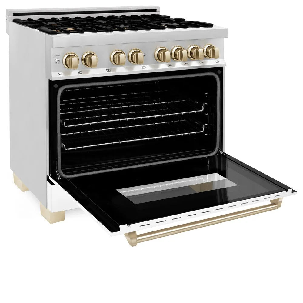 ZLINE Autograph Edition Legacy 36-inch range in stainless steel with white matte door and polished gold accents RAZ-WM-36-G, door open