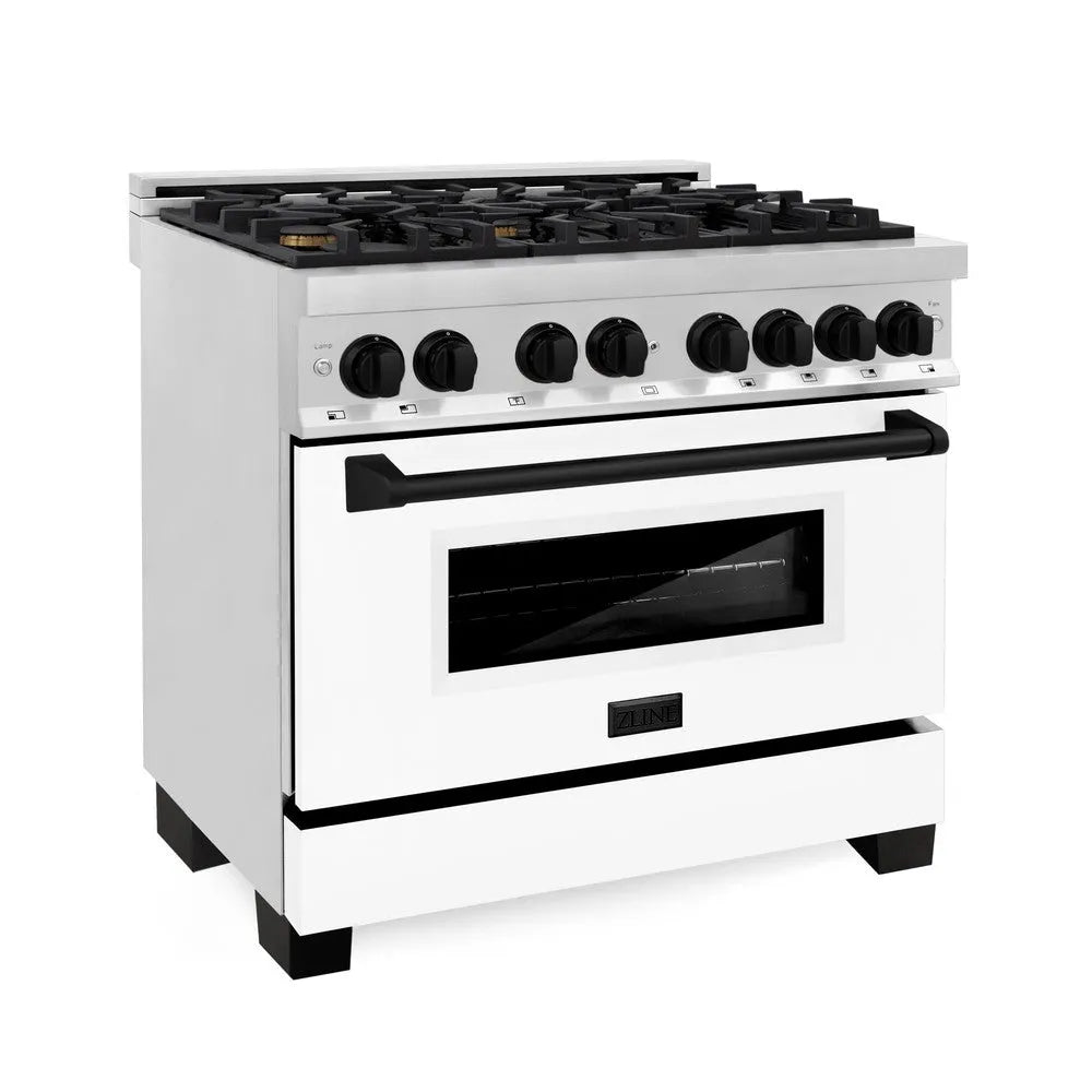 ZLINE Autograph Edition Legacy 36-inch range in stainless steel with white matte door and matte black accents RAZ-WM-36-MB