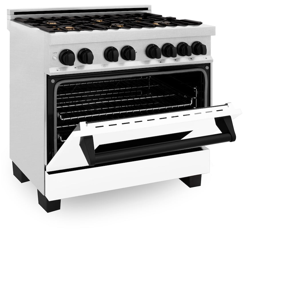 ZLINE Autograph Edition Legacy 36-inch range in satin stainless steel with white matte door and matte black accents RASZ-WM-36-MB, door open