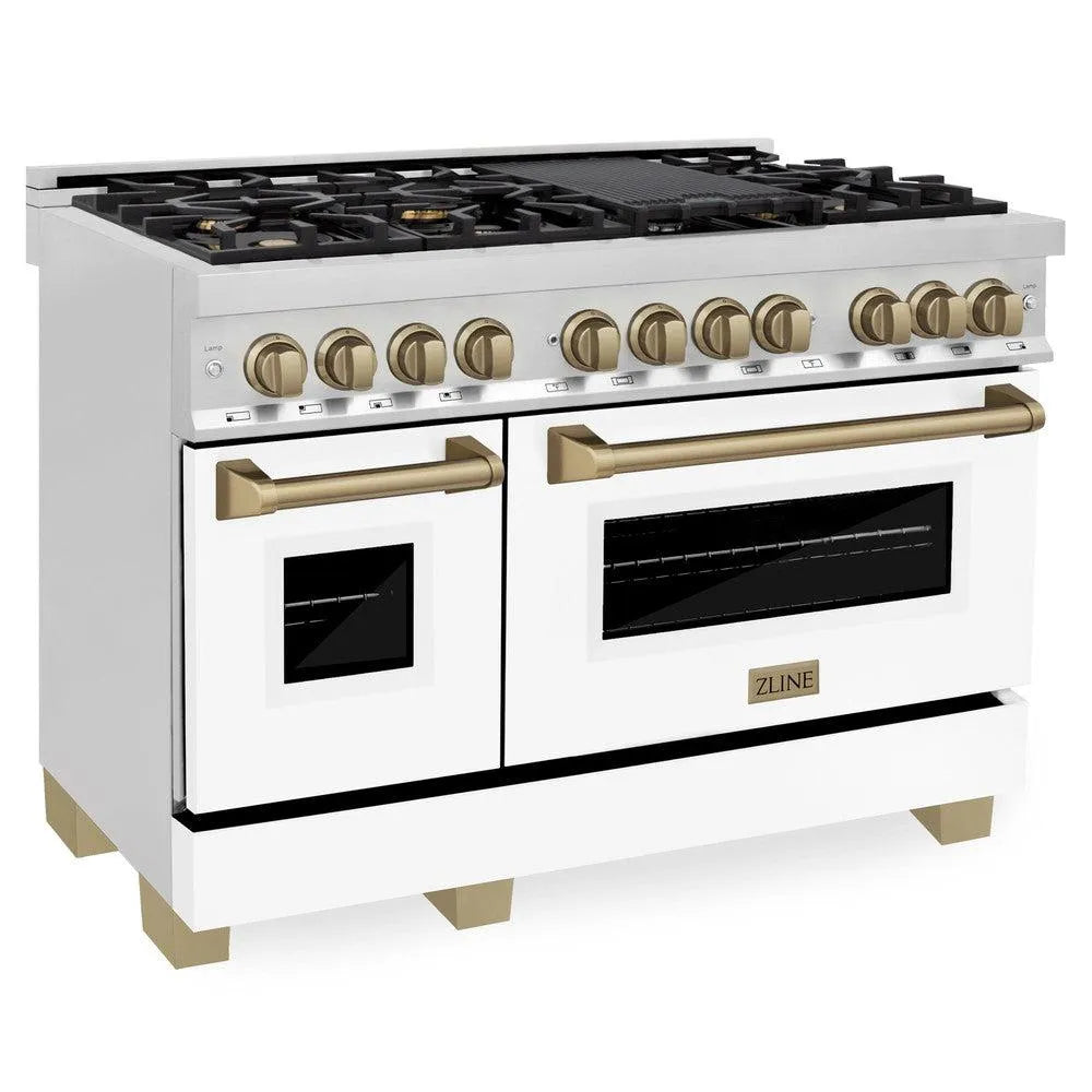 ZLINE Autograph Edition Legacy 48-inch range in stainless steel with white matte door and champagne bronze accents RAZ-WM-48-CB