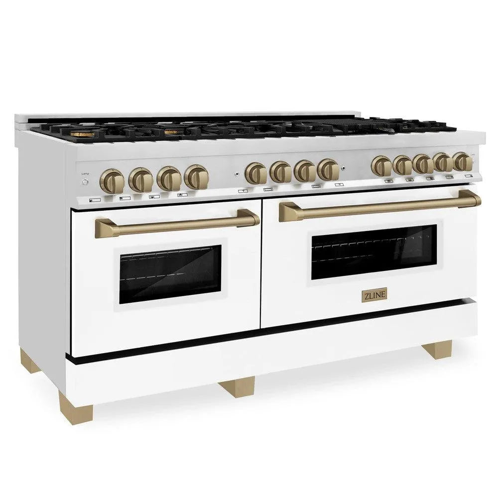 ZLINE Autograph Edition Legacy 60-inch range in stainless steel with white matte door and champagne bronze accents RAZ-WM-60-CB