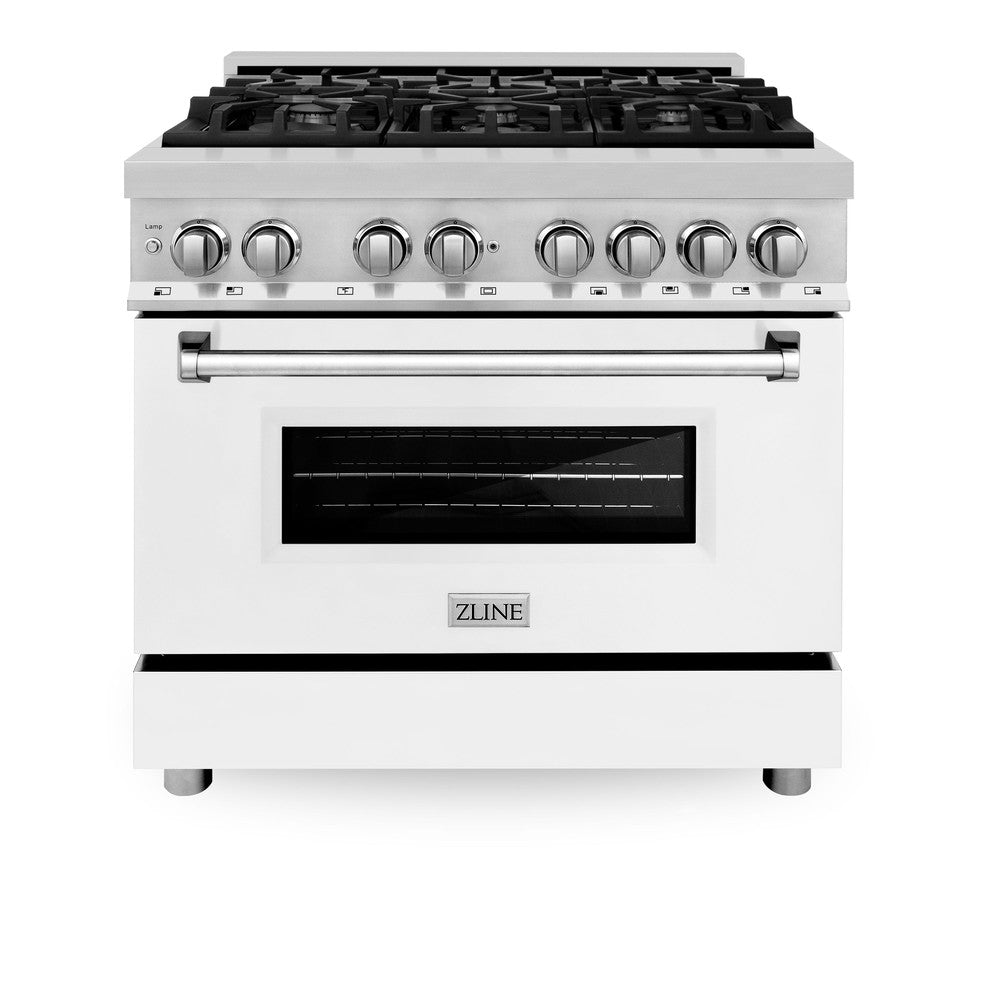 ZLINE Legacy 36-inch range in stainless steel with white matte door RA-WM-36, front view