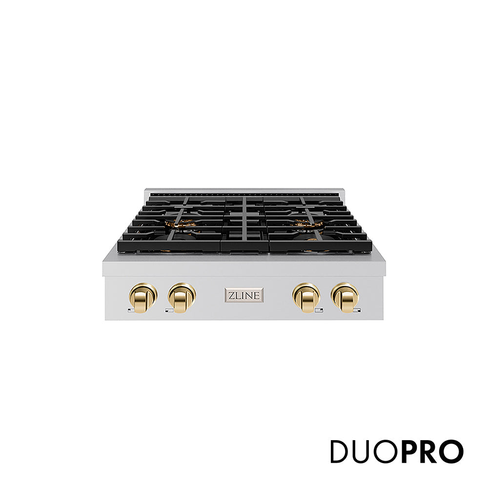ZLINE Autograph Edition Paramount 30-inch rangetop in stainless steel and polished gold accents PSRTZ-30-G