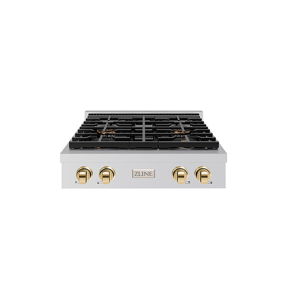 ZLINE Autograph Edition Paramount 30-inch rangetop in stainless steel and polished gold accents PSRTZ-30-G, front view