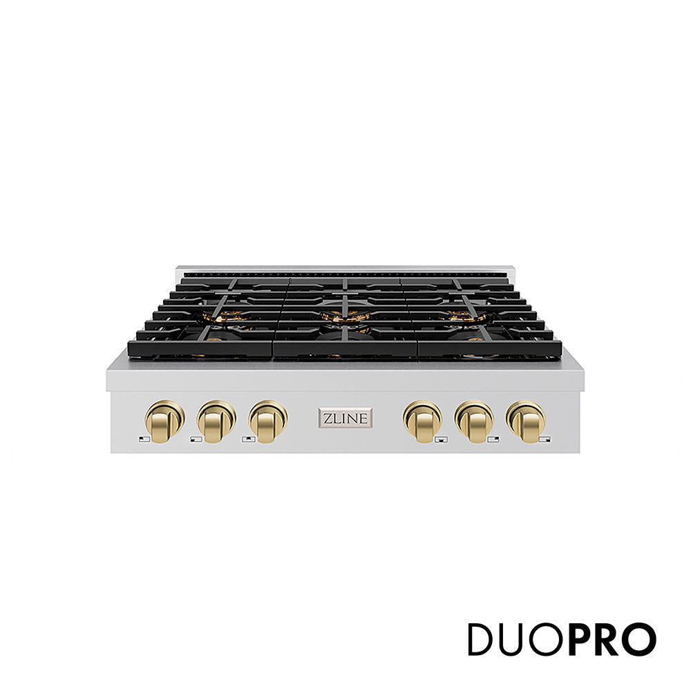 ZLINE Autograph Edition Paramount 36-inch rangetop in stainless steel and champagne bronze accents PSRTZ-36-CB