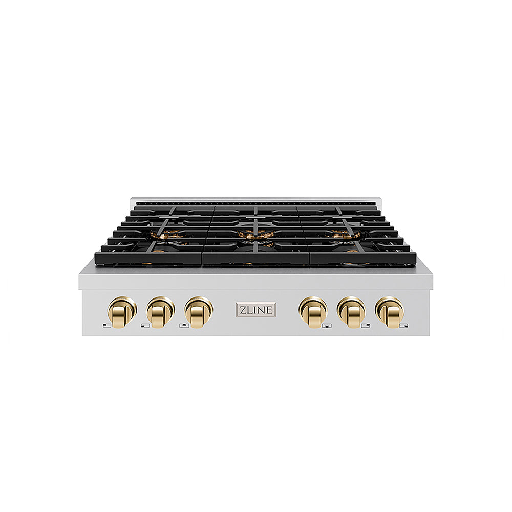 ZLINE Autograph Edition Paramount 36-inch rangetop in stainless steel and polished gold accents PSRTZ-36-G, front view
