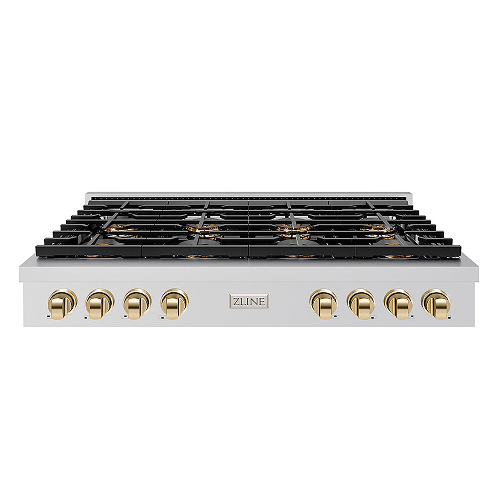 ZLINE Autograph Edition Paramount 48-inch rangetop in stainless steel and polished gold accents PSRTZ-48-G, front view