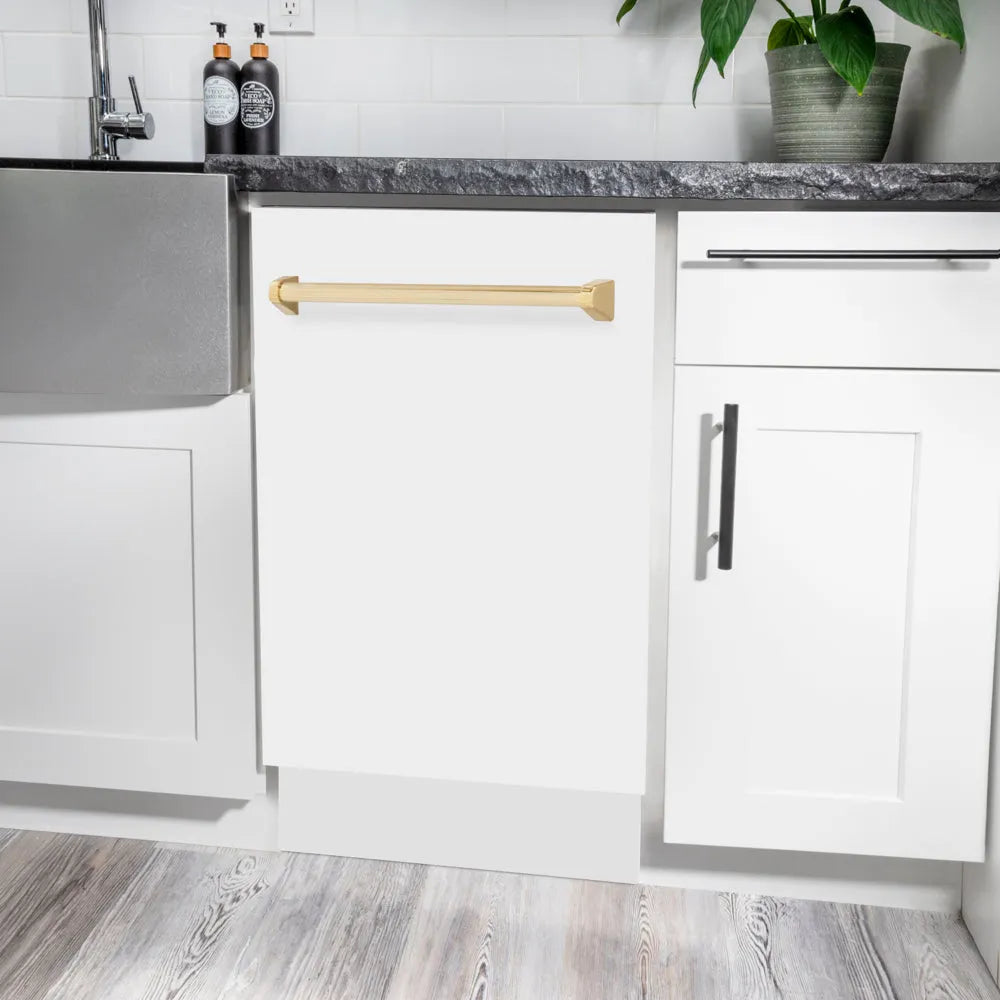 ZLINE Autograph Edition Tallac 18-inch dishwasher in white matte and polished gold accents DWVZ-WM-18-G, view 2