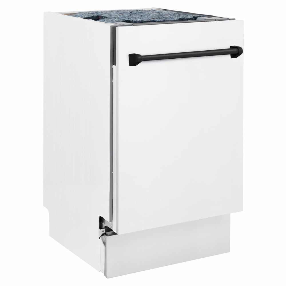 ZLINE Autograph Edition Tallac 18-inch dishwasher in white matte and matte black accents DWVZ-WM-18-MB, side view
