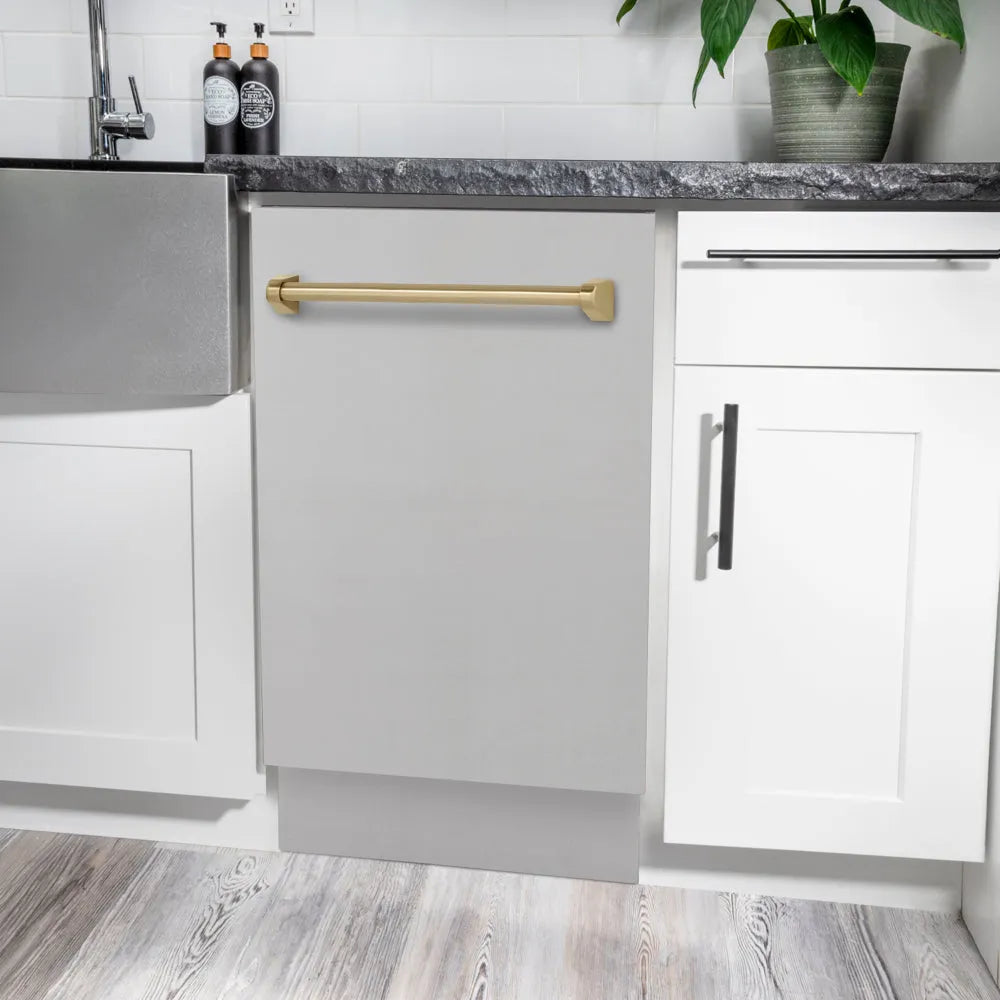 ZLINE Autograph Edition Tallac 18-inch dishwasher in stainless steel and champagne bronze accents DWVZ-304-18-CB, detail