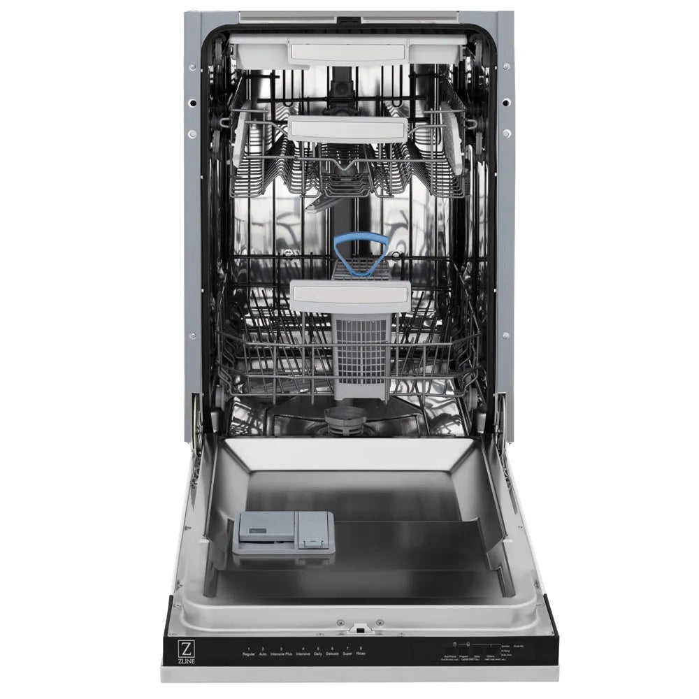 ZLINE Autograph Edition Tallac 18-inch dishwasher in stainless steel and matte black accents DWVZ-304-18-MB, front view