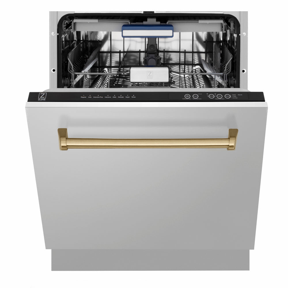 ZLINE Autograph Edition Tallac 24-inch dishwasher in stainless steel and champagne bronze accents DWVZ-304-24-CB, front view