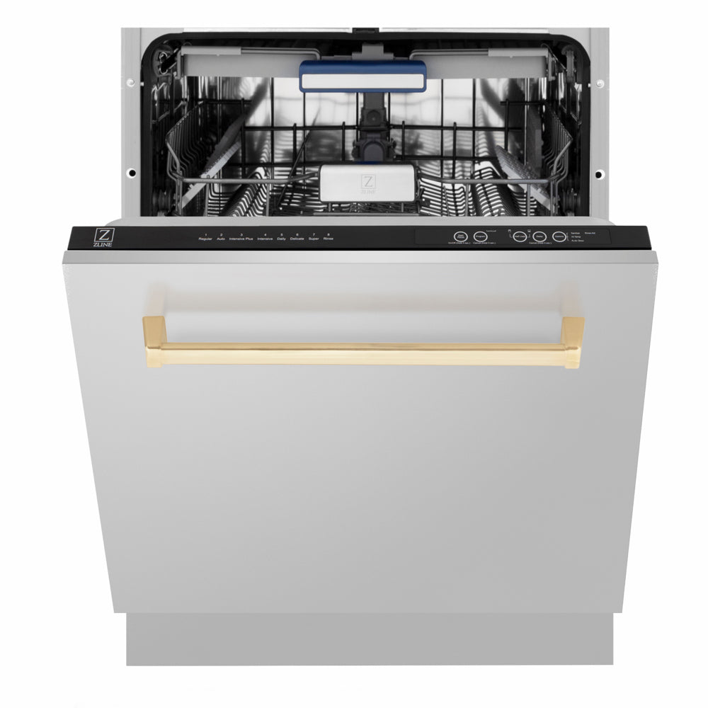 ZLINE Autograph Edition Tallac 24-inch dishwasher in stainless steel and polished gold accents DWVZ-304-24-G, front view