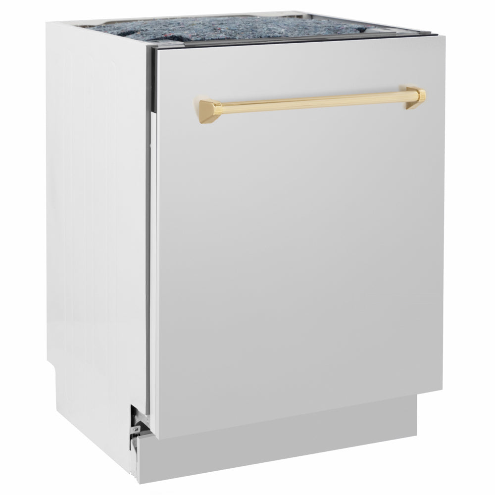 ZLINE Autograph Edition Tallac 24-inch dishwasher in stainless steel and polished gold accents DWVZ-304-24-G, side view