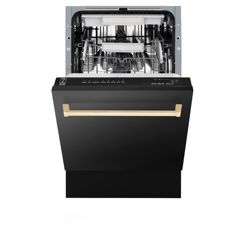 ZLINE Autograph Edition Tallac 18-inch dishwasher in black stainless steel and polished gold accents DWVZ-BS-18-G, front view