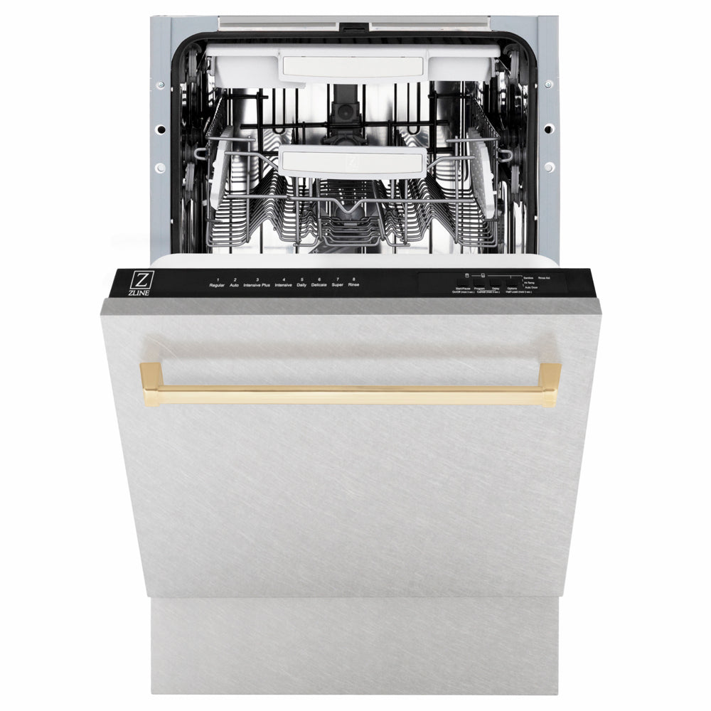 ZLINE Autograph Edition Tallac 18-inch dishwasher in satin stainless steel and polished gold accents DWVZ-SN-18-G, front view
