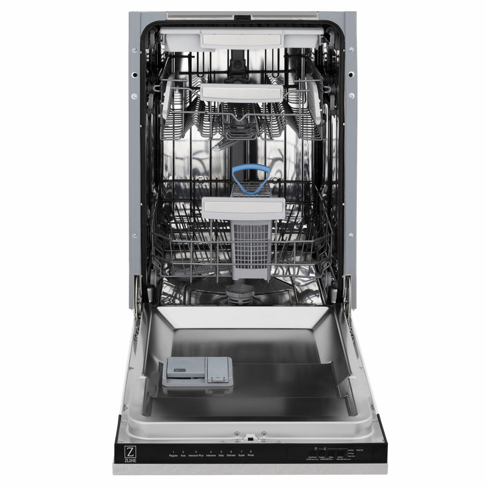 ZLINE Autograph Edition Tallac 18-inch dishwasher in satin stainless steel and polished gold accents DWVZ-SN-18-G, front view