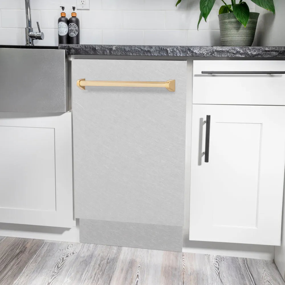 ZLINE Autograph Edition Tallac 18-inch dishwasher in satin stainless steel and polished gold accents DWVZ-SN-18-G, detail