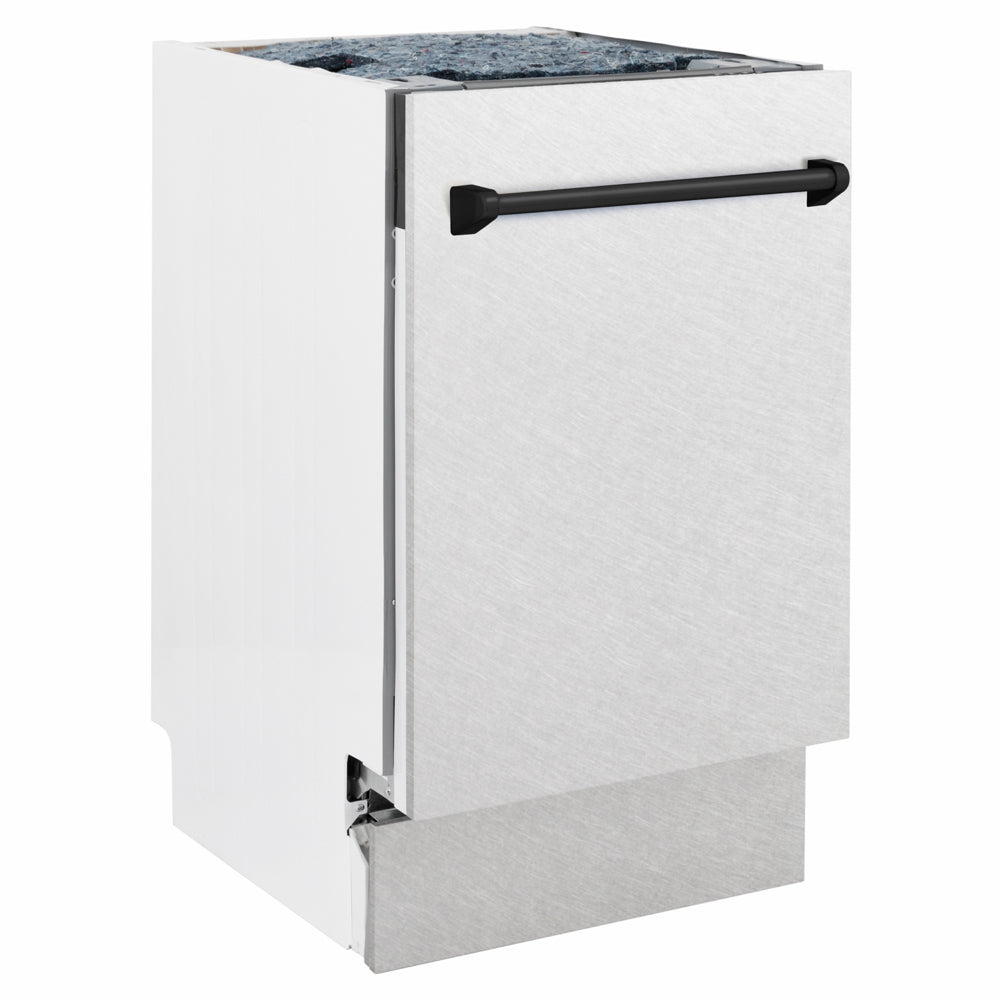ZLINE Autograph Edition Tallac 18-inch dishwasher in satin stainless steel and matte black accents DWVZ-SN-18-MB, side view