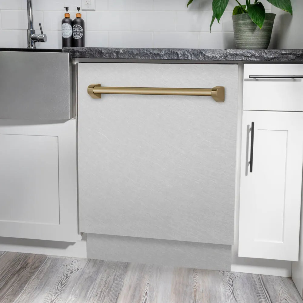 ZLINE Autograph Edition Tallac 24-inch dishwasher in satin stainless steel and champagne bronze accents DWVZ-SN-24-CB, detail