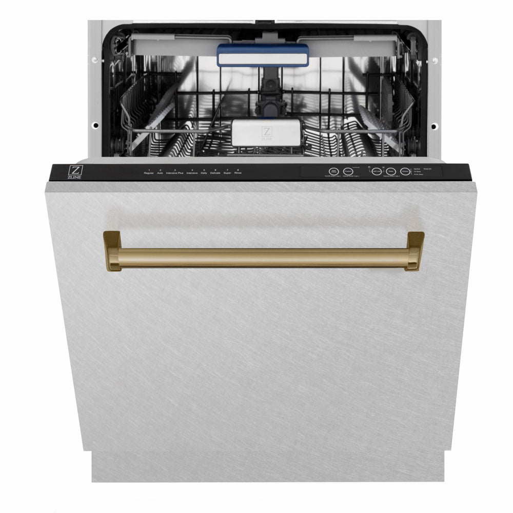ZLINE Autograph Edition Tallac 24-inch dishwasher in satin stainless steel and champagne bronze accents DWVZ-SN-24-CB, front view