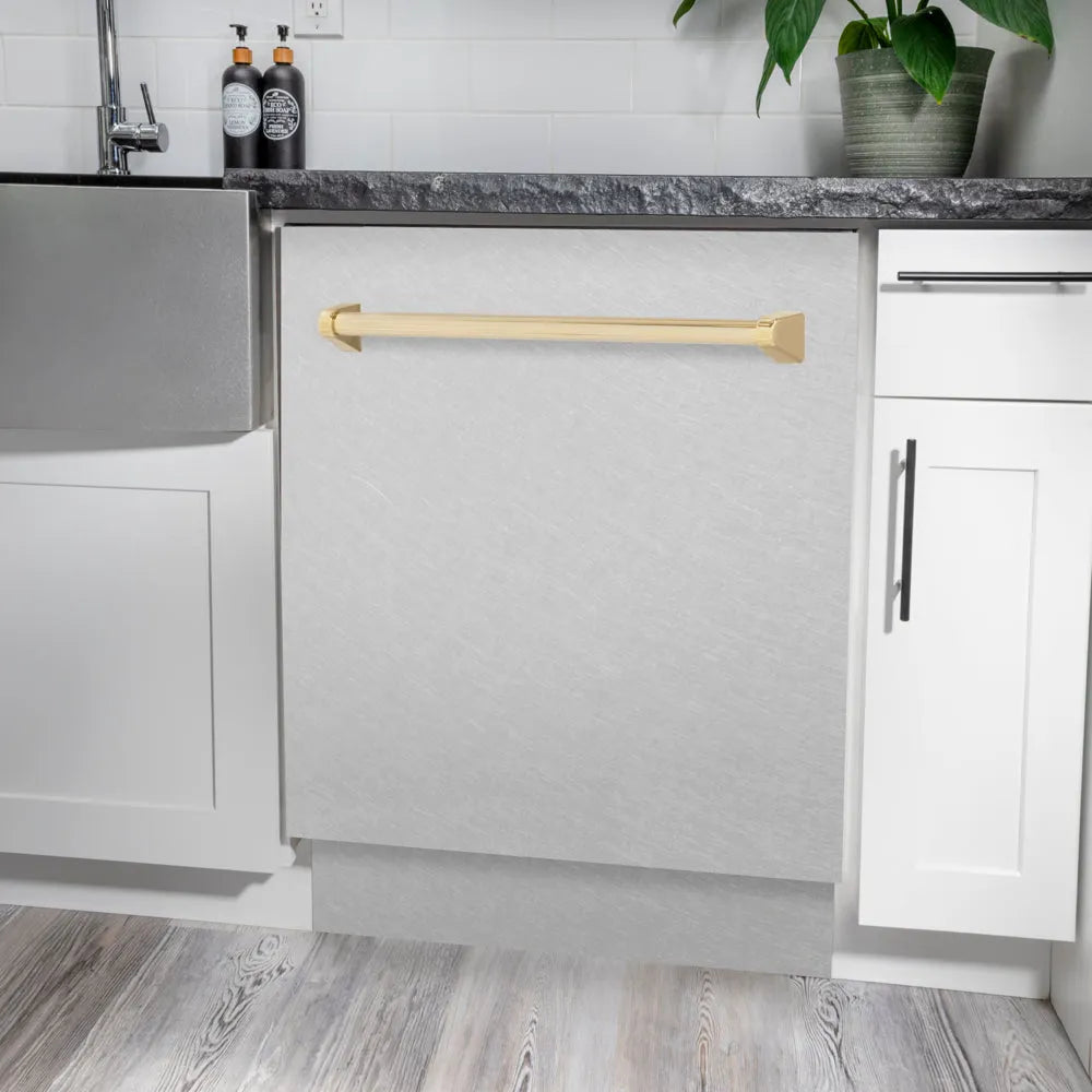 ZLINE Autograph Edition Tallac 24-inch dishwasher in satin stainless steel and polished gold accents DWVZ-SN-24-G, detail