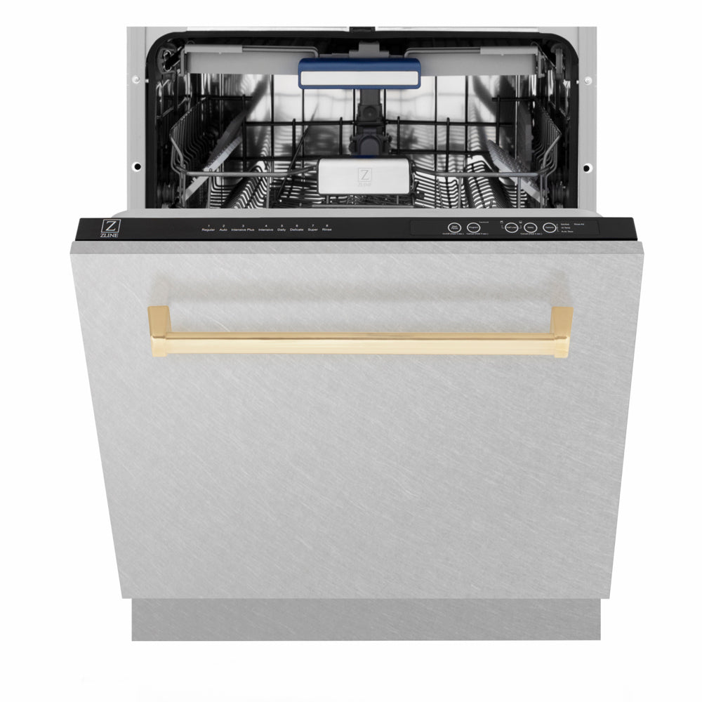 ZLINE Autograph Edition Tallac 24-inch dishwasher in satin stainless steel and polished gold accents DWVZ-SN-24-G, front view