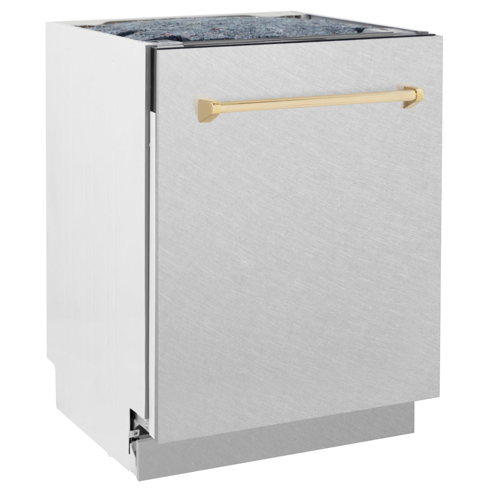 ZLINE Autograph Edition Tallac 24-inch dishwasher in satin stainless steel and polished gold accents DWVZ-SN-24-G, side view