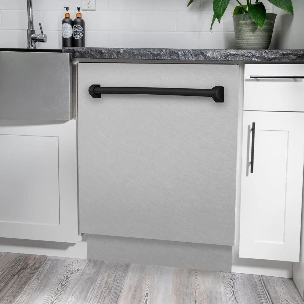 ZLINE Autograph Edition Tallac 24-inch dishwasher in satin stainless steel and matte black accents DWVZ-SN-24-MB, detail