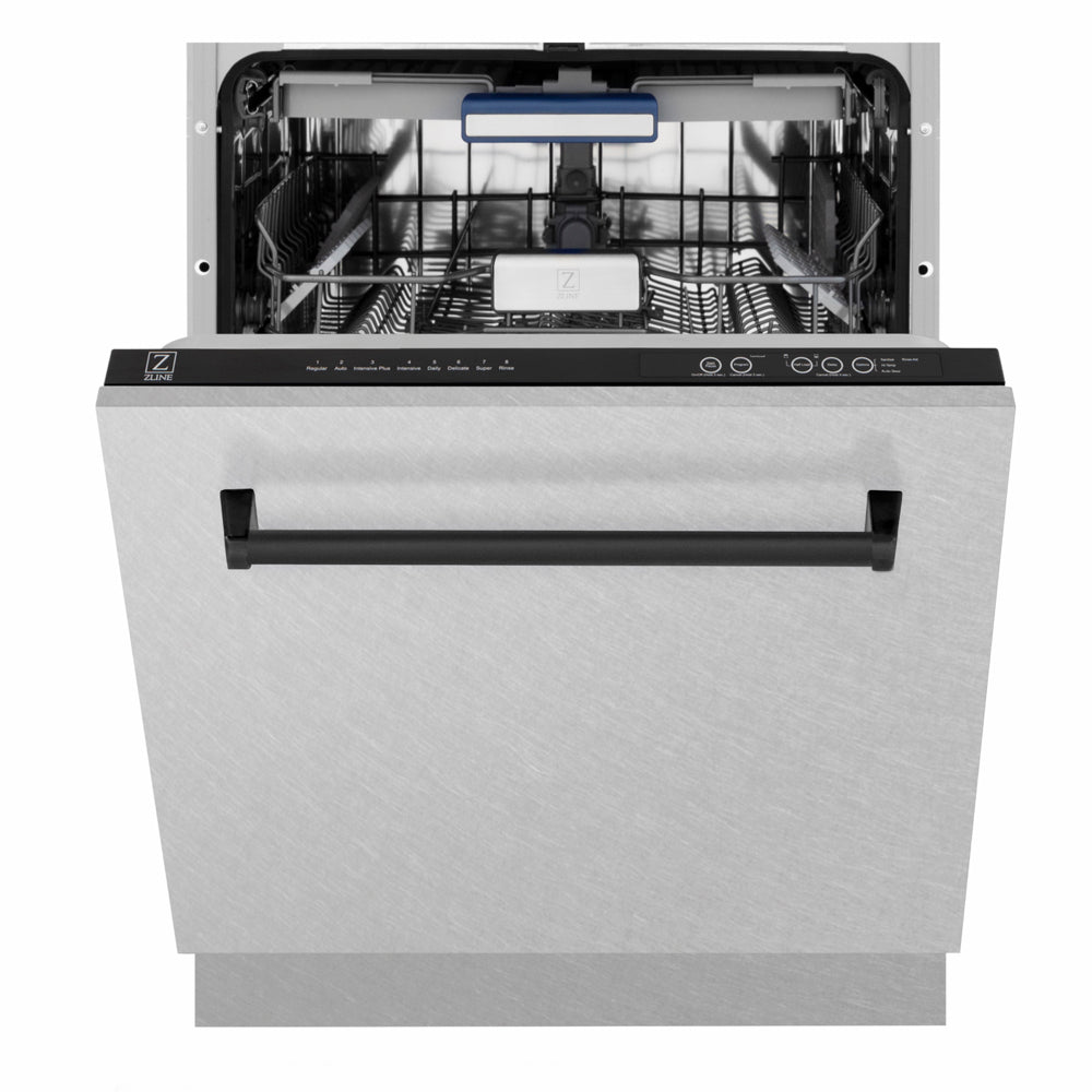 ZLINE Autograph Edition Tallac 24-inch dishwasher in satin stainless steel and matte black accents DWVZ-SN-24-MB, front view
