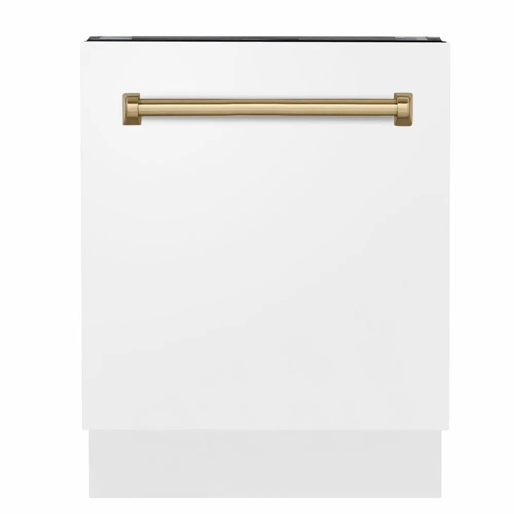 ZLINE Autograph Edition Tallac 24-inch dishwasher in white matte and champagne bronze accents DWVZ-WM-24-CB
