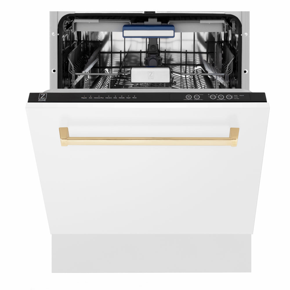 ZLINE Autograph Edition Tallac 24-inch dishwasher in white matte and polished gold accents DWVZ-WM-24-G, front view