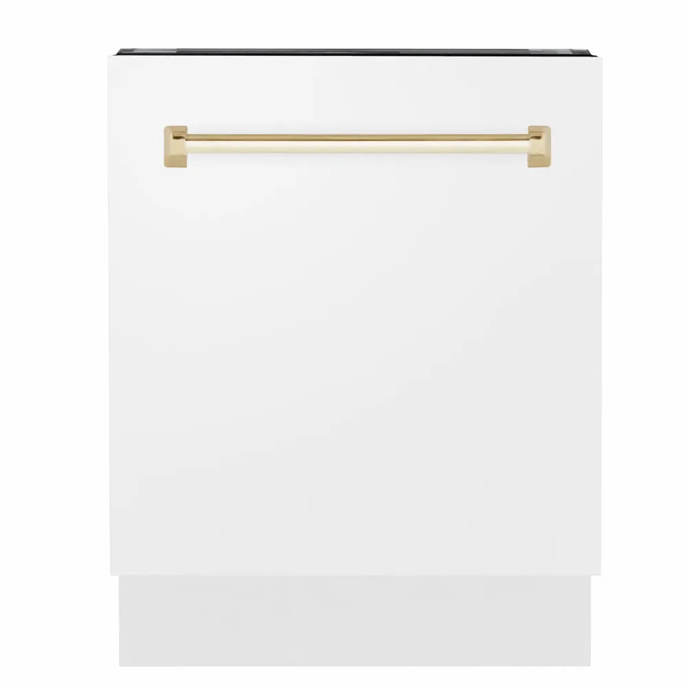 ZLINE Autograph Edition Tallac 24-inch dishwasher in white matte and polished gold accents DWVZ-WM-24-G
