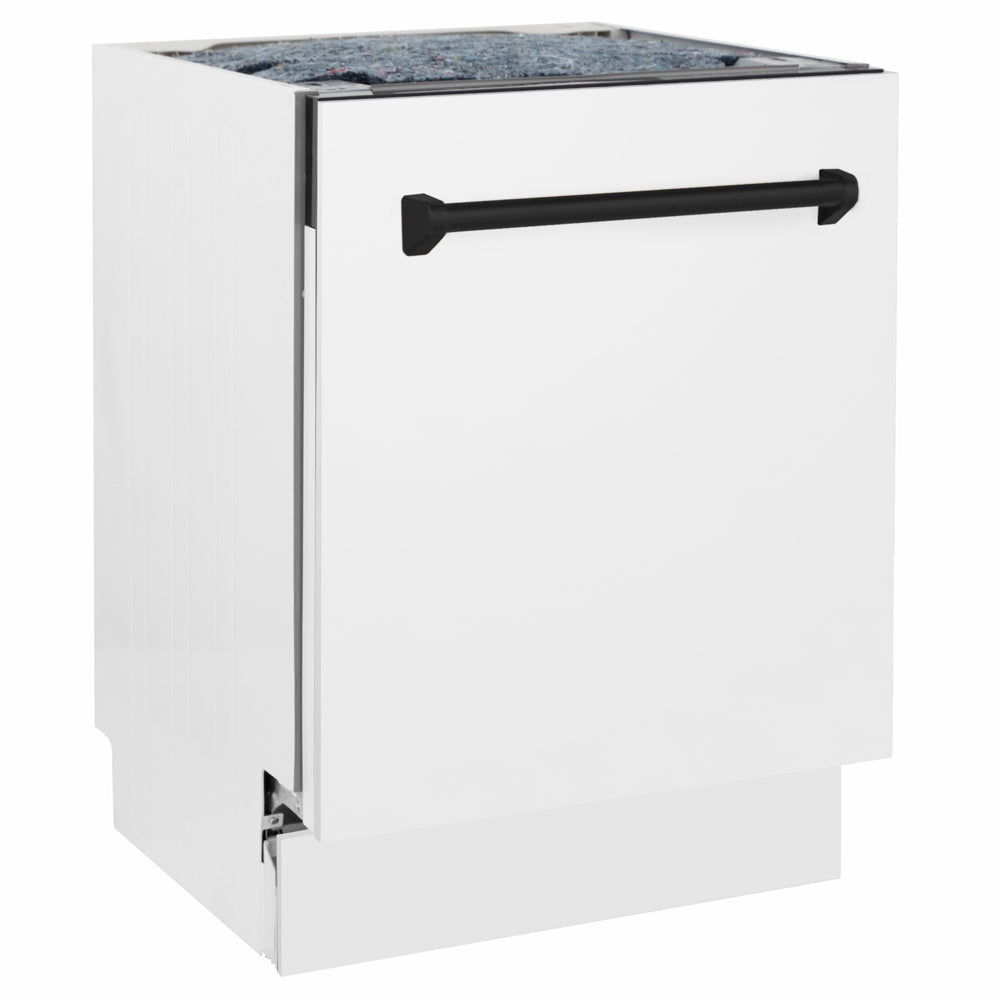 ZLINE Autograph Edition Tallac 24-inch dishwasher in white matte and matte black accents DWVZ-WM-24-MB, side view