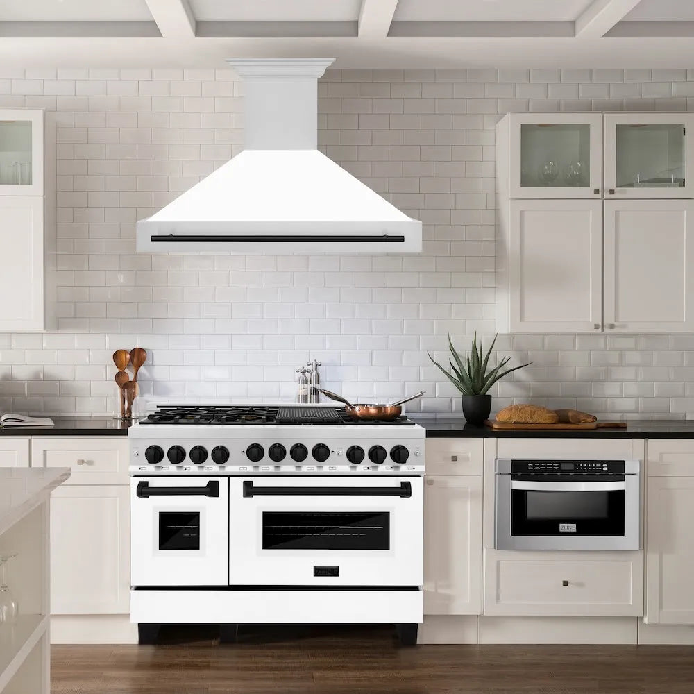 ZLINE Autograph Edition 48-inch range hood in white matte and matte black accents 8654STZ-WM48-MB, view 2