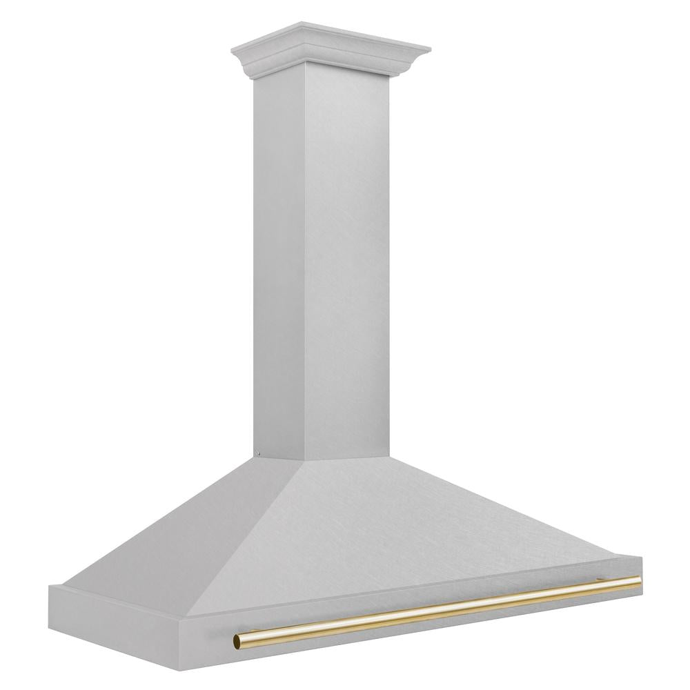ZLINE Autograph Edition 48-inch range hood in satin stainless steel and polished gold accents KB4SNZ-48-G, side view