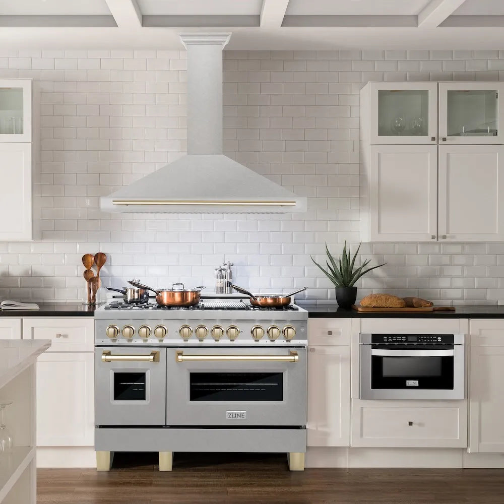 ZLINE Autograph Edition 48-inch range hood in satin stainless steel and polished gold accents KB4SNZ-48-G, view 2