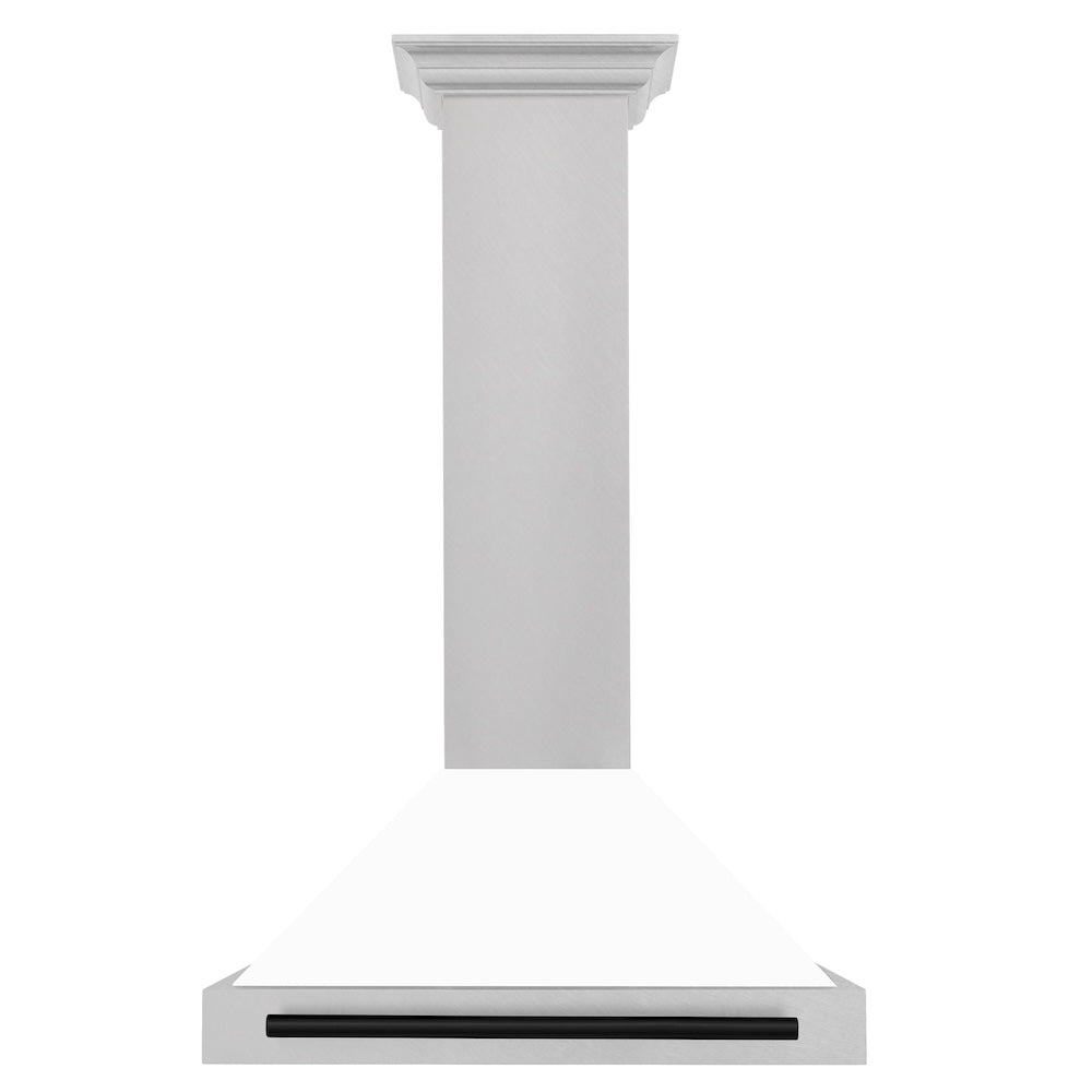 ZLINE Autograph Edition 30-inch range hood in satin stainless steel and matte black accents KB4SNZ-WM30-MB, front view